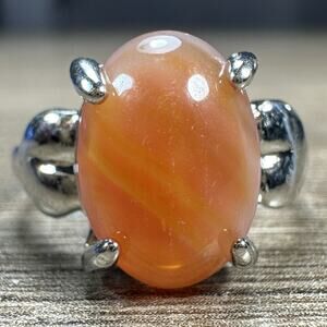 925 Sterling Silver Orange Cabochon Ring Smooth Oval Gemstone Style Modern Sz 9